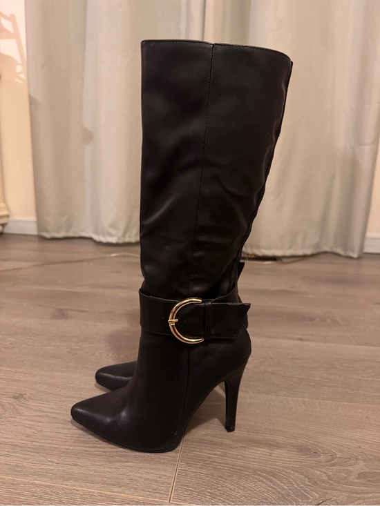 Shoes - Black Knee-High Stiletto Boots with Gold Buckle
